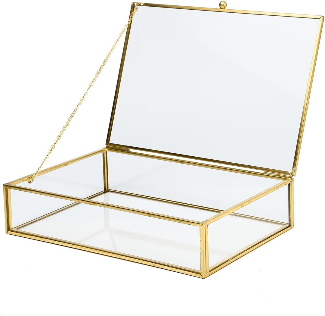 Vintage Glass Jewelry Box Keepsake Box with Hinged Lid, Clear Rectangle Storage Box Great for Storage Trinket/Jewelry/Card/Photo,Gift for Birthday Wedding -GCB009-Middle
