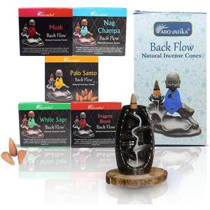 ARO VATIKA Backflow Natural Masala 50 Pack 'A' Incense Cones | 5 Different Assorted Fragrances of Nag Champa, White Sage, Dragons Blood, Palo Santo, Musk | Burn time- Approx 16-18 mins