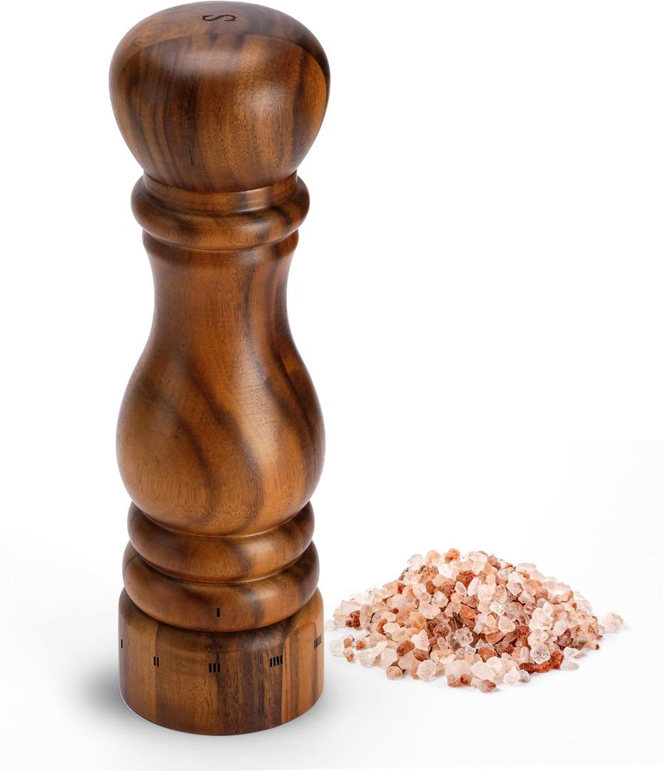 Wooden Salt Grinder, Manual Salt Mill with External Adjustable Coarseness, Refillable Salt Shaker with Acacia Wood Body, 9 Tall