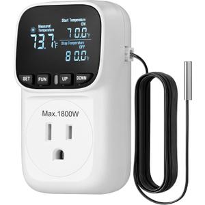 DEWENWILS Digital Temperature Controller, Heavy Duty 15A/1800W Thermostat Outlet Plug, VA Display Heating Cooling Control Timer, -40~210, Cyclic Timing/Countdown, for Greenhouse Incubator Homebrew