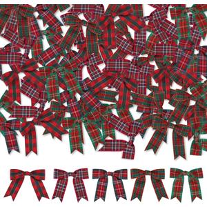 Meseey 50 Pcs Christmas Gingham Ribbon Bows with Twist Tie Red and Green Buffalo Check Premade Bows for Gift Wrapping Basket Wedding Baby Shower Brithday Party (2.5", Christmas)