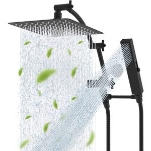 Hibbent All Metal CUPC Certified 10'' Rainfall Shower Head, Dual Shower Head Combo, High Pressure Handheld 4 Sprays Shower Wand, 16'' Adjustable Extension Arm, 71'' Hose, Shower Holder, Matte Black