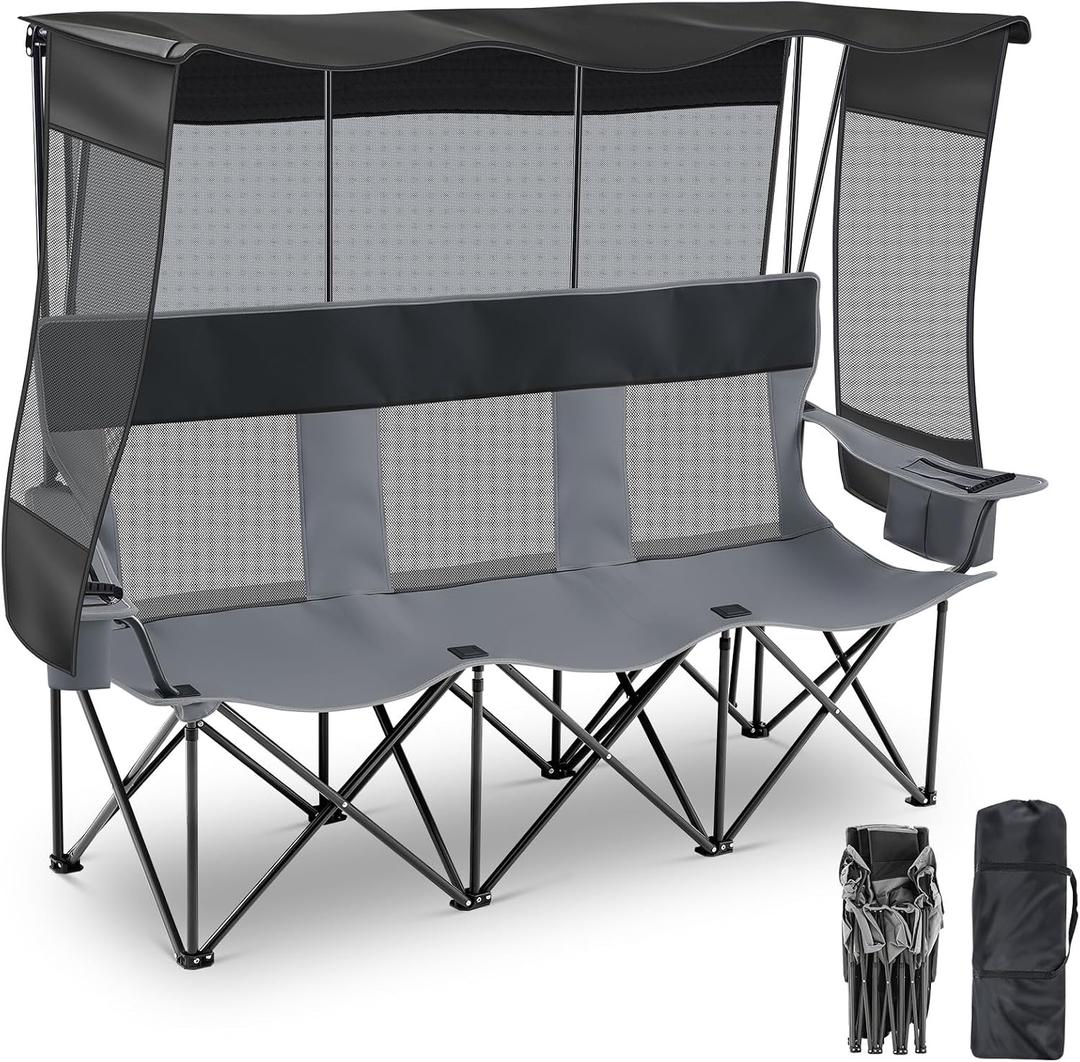 Teenyyou 3 Person Camping Chair with Canopy Shade - Oversized Beach Chair with UV Sun Protection, Heavy-Duty 770 Lbs Folding Loveseat with 2 Cup Holders & Carry Bag for Outdoor Lawn Beach(Black Gray)