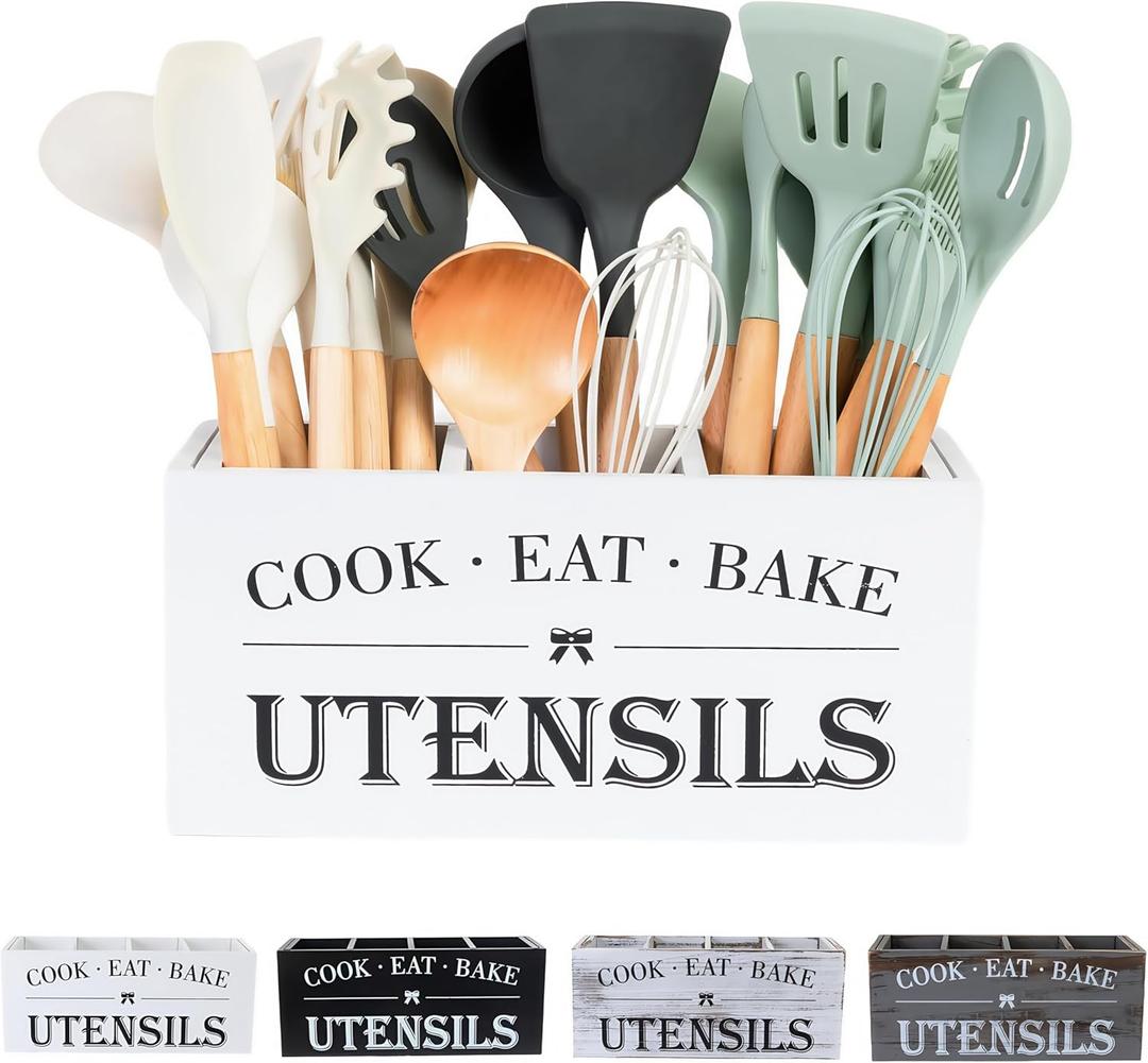 Utensil Holder,Large Wooden Utensil Holder For Kitchen Counter,Cooking Spatula Organizer,Big Storage Caddy With 3 Compartments Flatware Spoon Tool Cutlery(White)