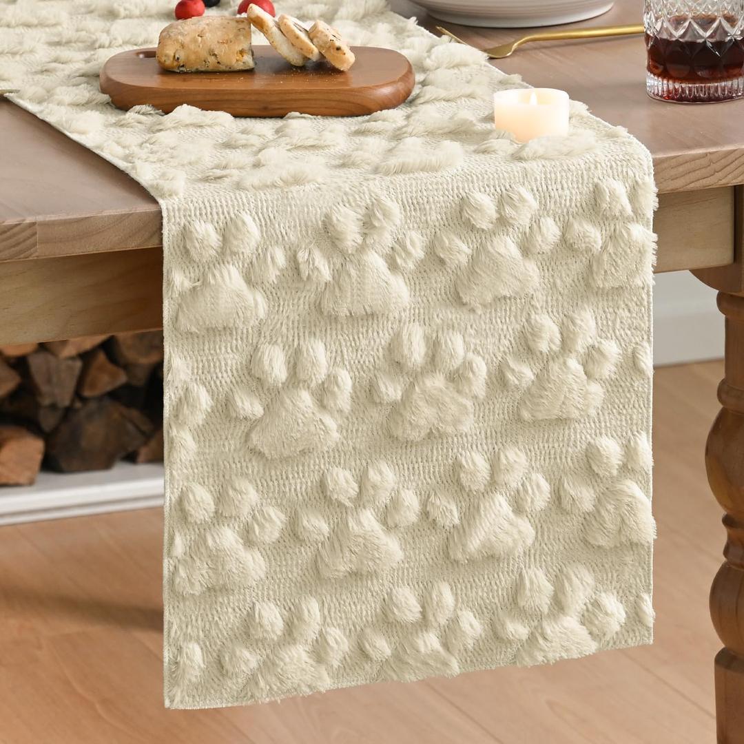 Artoid Mode Beige Soft Plush Faux Fur Jacquard Paws Pet Table Runner, Kitchen Dining Table Decoration for Home Party Decor 13x108 Inch