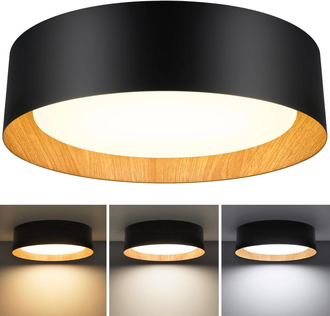 Flush Mount Ceiling Light, 13in 250W Equivalent LED Ceiling Light Fixture, 3CCT Adjustable 3000K 4000K 5000K, Dimmable Black and Wood Modern Ceiling Lamp for Bedroom Bathroom Hallway