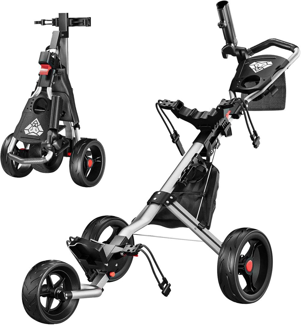 Alllion Golf Push Cart 3 Wheel, Golf Cart Foldable, Multiple Functions Golf Bag Cart for All Ages with Adjustable Handle - Lightweight & Easy Fold Design for Easy Transportation - 12lbs (Silver)