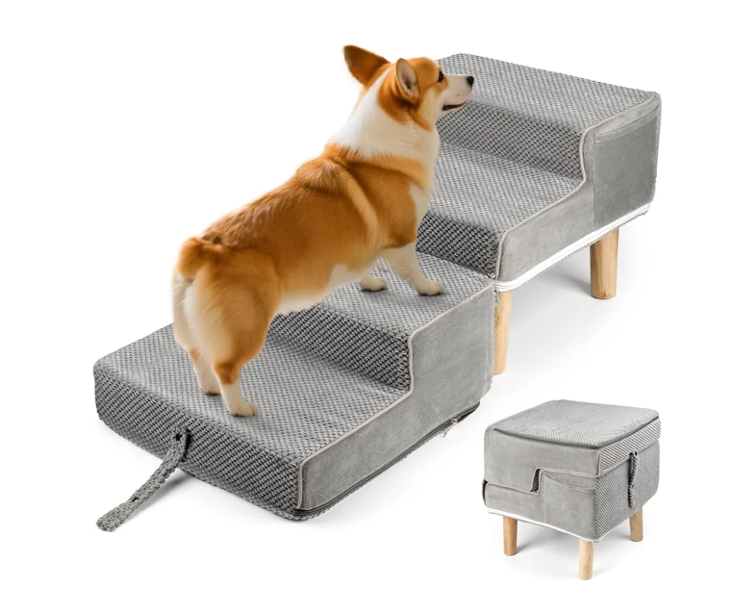 Hdnbsp Split Ottoman Dog Ramp, 4-Step Dog Stairs for Bed, Foldable Pet Steps for Small, Medium, Senior Dogs & Old Cats - Couch Height, Anti-Slip, Washable Cover, Storage Pocket, 135lb Capacity