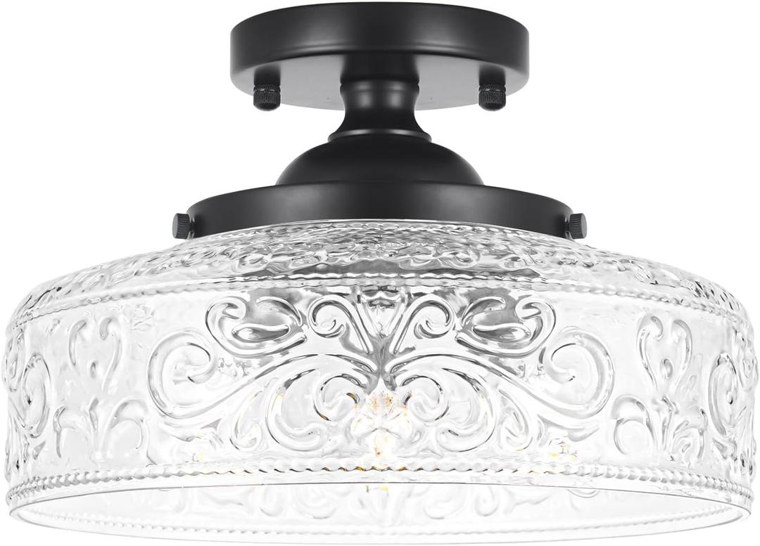 Semi Flush Mount Ceiling Light Fixture, Vintage Matte Black 3-Light Fixture with Etched Crystal Glass Shade for Kitchen,Hallway, Entryway, Bedroom (No E12 Bulbs Included) (12in)