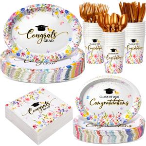 Pajean 350 Pcs 2026 Graduation Party Decorations Wildflower Graduation Oval Plates and Napkins Flowers Heavy Duty 12 inch Disposable Tableware Set for 50 Guests Class of 2026 Grad Party Supplies