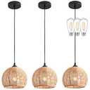 AyshwillDec 3 Pack Wicker Pendant Light Natural Woven Pendant Light Boho Chandelier Light Fixture Dome Rustic Farmhouse Pendant Light Rattan Light Fixture for Dining Room Kitchen Island (Bulb Incl.)