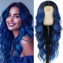 HMHIFI Long Blue Wavy Wigs for Women Ombre Curly Natural Middle Part Synthetic Curly Heat Resistant Fiber Hair Replacement Wigs for Daily Party (26'')