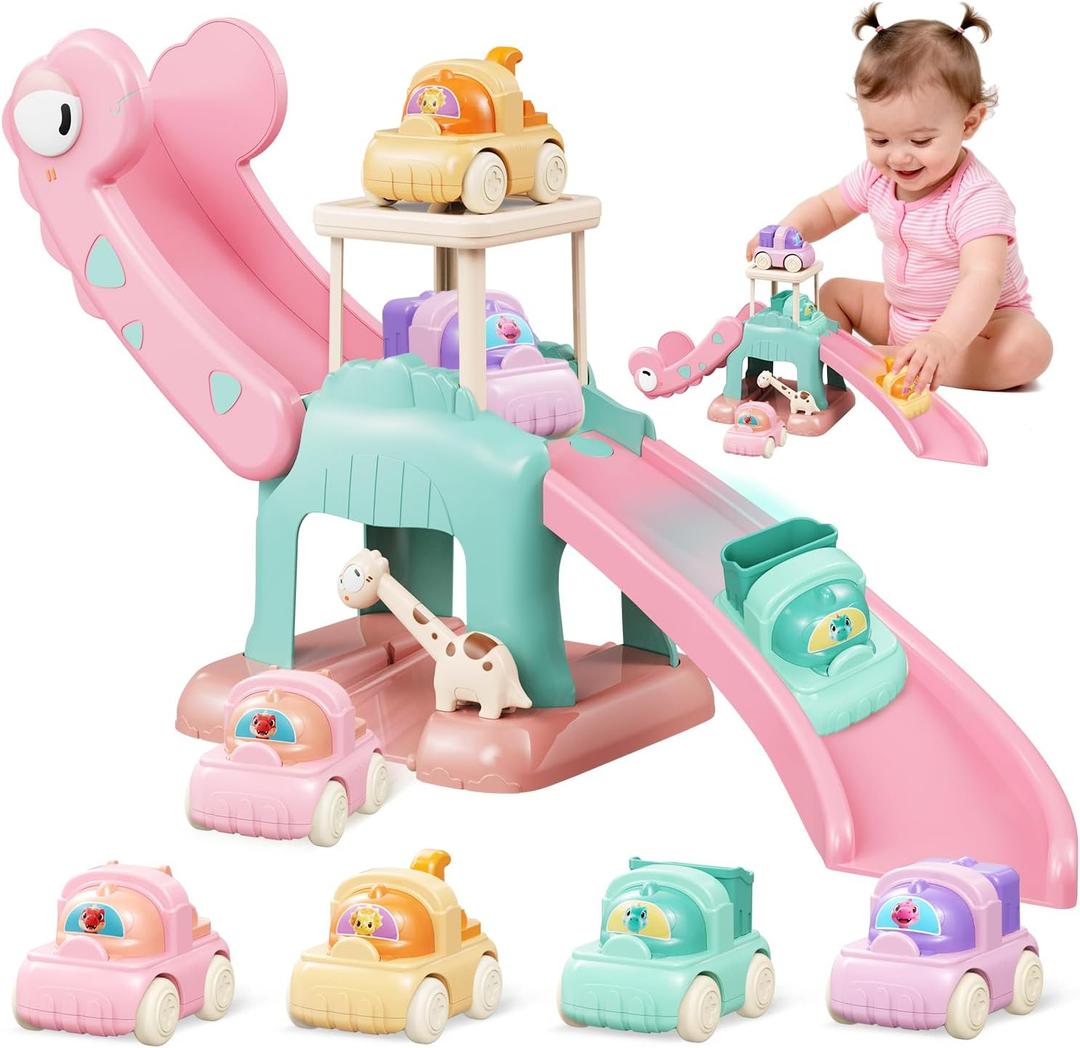 Dinosaur Car Ramp Slide Toy for Toddlers 4 Push Cars with Race Track, Baby Slide Indoor Toy, Montessori Learning Birthday Gift for Boys Girls 1 2 3 Year Old (Pink)