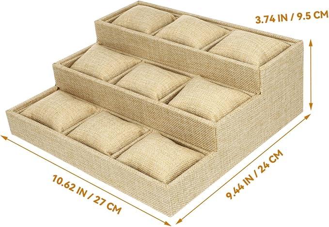 Watch and Bracelet Display Tray with 9 Pillow Compartments, Khaki Linen Texture Jewelry Organizer for Travel and Home Storage