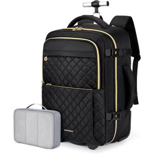 BAGSMART Rolling Backpack for Women, Wheeled Backpack with Packing Cube, Travel Back pack with Wheels, Carry On Suitcase Bag 17 Inch Large Roller Daypack, Black (15.6 Inch)