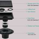 6 Inch Square Shower Drain Kit, Matte Black 304 Stainless Steel with Removable Grate & Hair Strainer for Tile-in Installation and ABS Flange