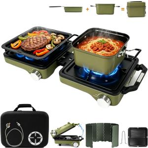 2 Burner Camping Stove with Cooking Set, 24000 BTU Propane Stove, Green
Foldable Camp Stove with 2-in-1 Frying Pan & Pot, Griddle, Windshield, Carry Bag, Ideal for RV, Picnic, Tailgating, Survival