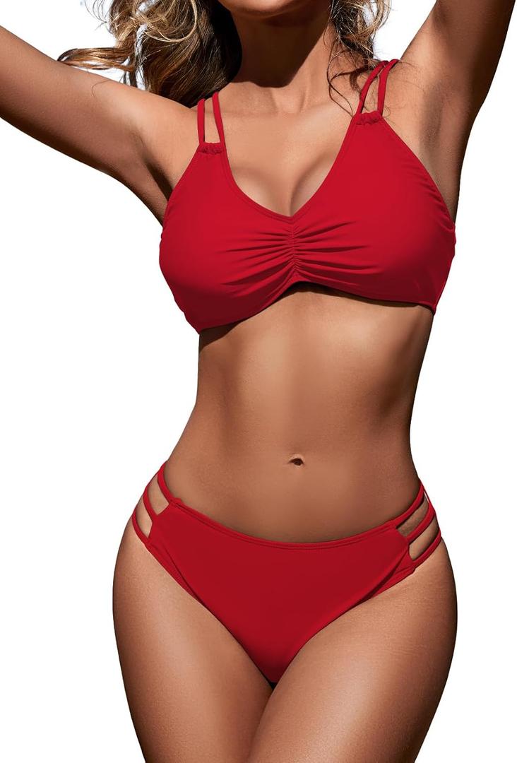 Zilcremo Women Two Piece Bikini Double Strap Swimsuits Hollow Out Bathing Suit Mid Waist Bikini Sets (Large, Red)
