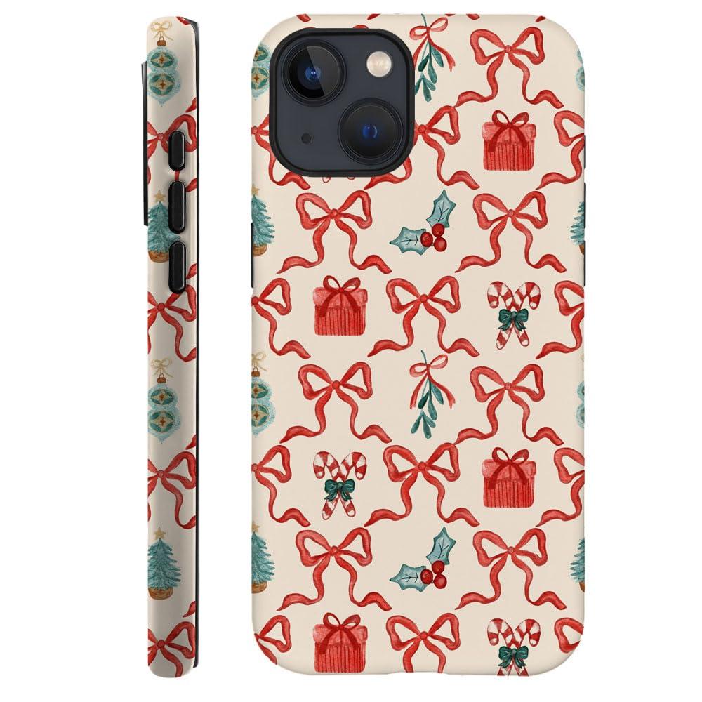 Generic Case Compatible with iPhone 13 - Hybrid Durable Shockproof Phone Cover,Cases for Woman Girl - Red Green Christmas Scroll Bow
