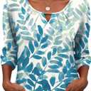 Rapbin 3/4 Length Sleeve Tops Crew Neck Casual Basic Pleated Blouses 2026 Trendy (X-Large, White Blue Leaves)
