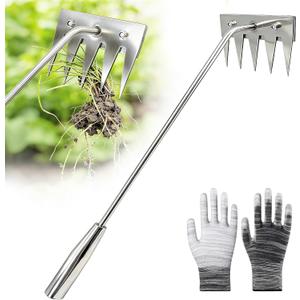 Weed Puller Tool, 2026 Portable Manual Weeding Tools Gardening, 5 Teeth Head Stainless Steel Hand Garden Weeding Rake, Weed Remover Tool for Gardening Backyard Yard Farm Planting Weeding