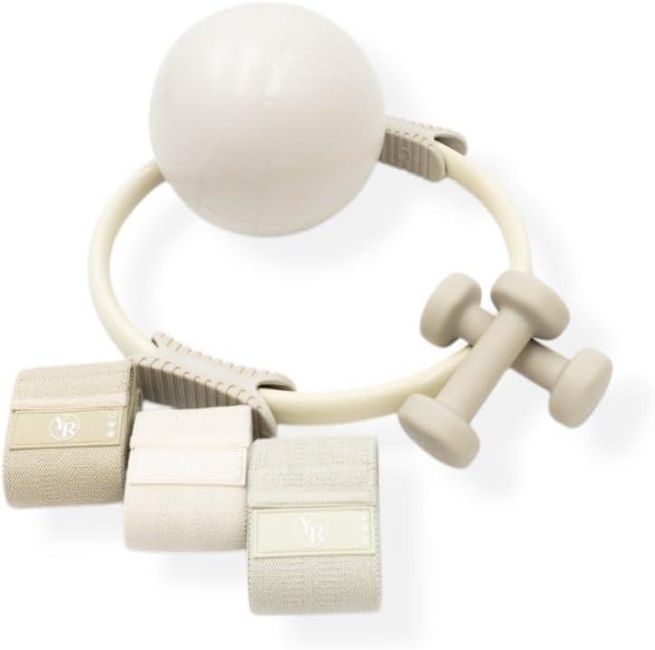 Pilates Prop Kit and Booty Band Bundle for Home Workouts- Includes Pilates Ring, Pilates Ball and 2.2 lb. Dumbbell, 3 Pack Booty Band Set-Beige