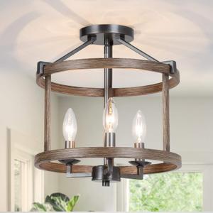 Semi Flush Mount Ceiling Light Fixture, Farmhouse Faux Wood Ceiling Light for Bedroom Hallway, Foyer, Entryway, Kitchen, Stairway, Dining & Living Room