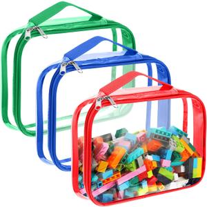 Sanwuta 3 Packs Toy Storage Bags with Zipper, Clear PVC Organizing Waterproof Toy Bags for Board Games, Building Blocks, and Kids Books(12.6 x 9 x 2.36 Inch,Red, Blue, Green)