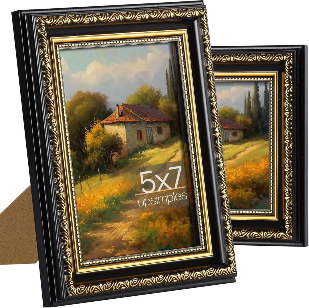 upsimples 5x7 Picture Frame with Real Glass, Ornate Vintage 5 x 7 Photo Frames for Wall Decor or Tabletop Display, Black and Gold, 2 Pack