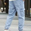 Manfinity Homme Loose Fit Men's Cotton Flap Pocket Side Jogger Jeans Going Out Hang Out Work College Work, Light Blue, XL