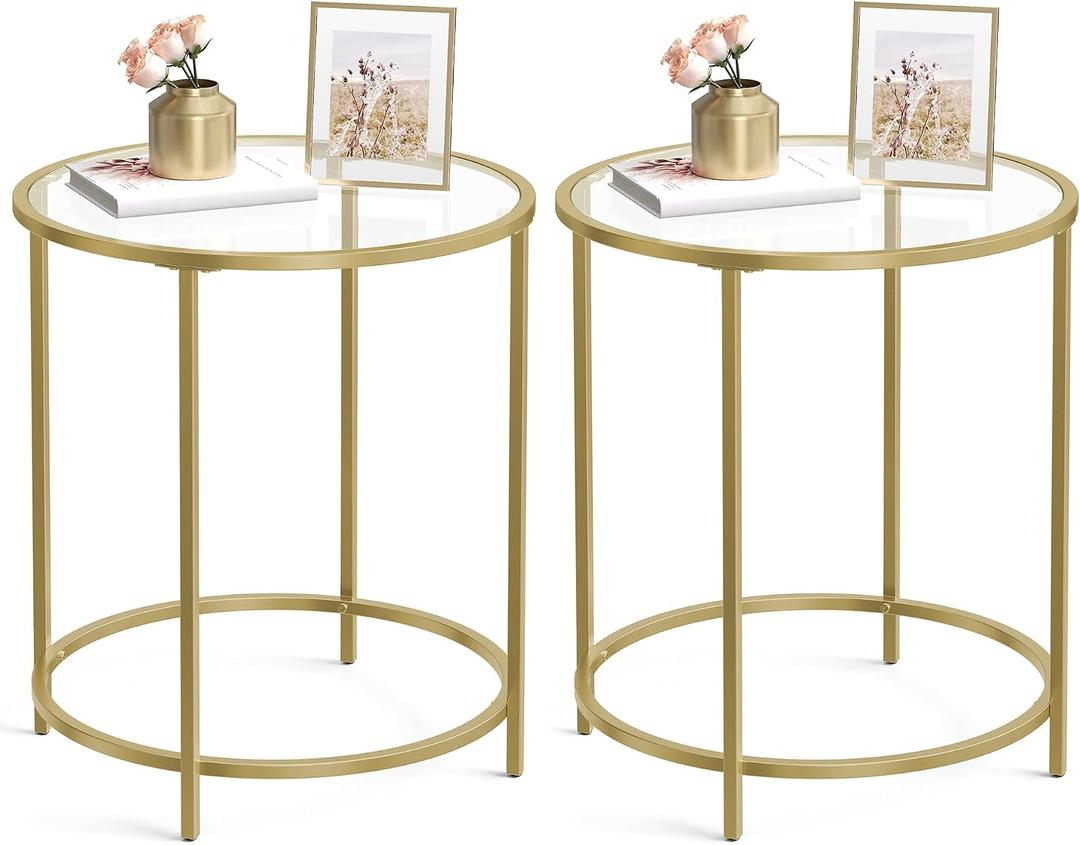 VASAGLE Round Side Tables, Set of 2, Glass End Tables with Metal Frame, Gold Coffee Tables with Modern Style, for Living Room, Balcony, Bedroom, Gold Color