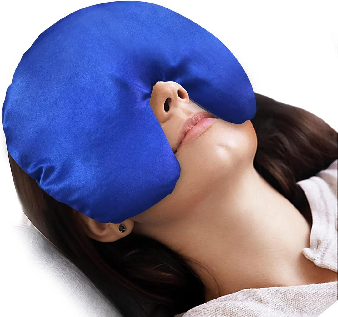 Atsuwell Sinus Mask, Warm Cold Compress Eye Mask for Dry Eyes, Weighted Eye Pillow Microwavable Face Heating Pad for Soothing Sinus Pressure and Relaxation, Blue