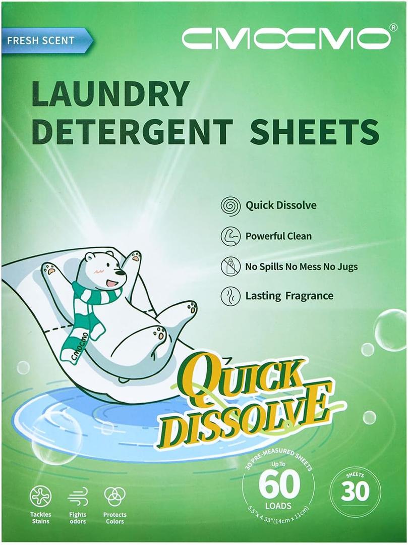 2 x Laundry Detergent Sheets, Ultra Concentrated Rapid-Dissolve Laundry Soap Sheets, Zero Residue, Plant-Based Stain Remover Plastic-Free Laundry Strips, Fresh Scent, 30 Count (Pack of 1)