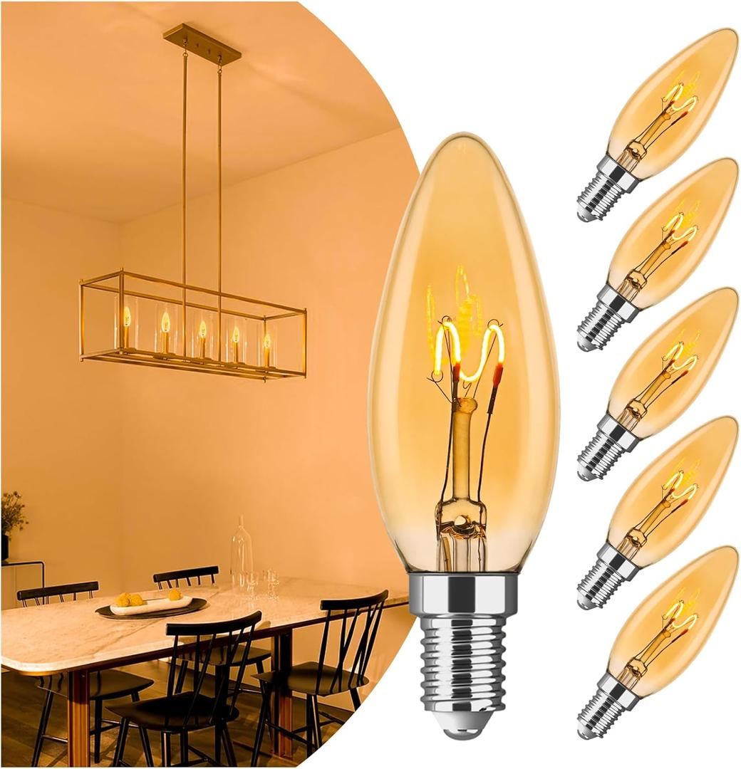 E12 Candelabra Light Bulbs 20W 25W Replacement, Super Thin Filament E12 LED Light Bulbs Dimmable, Chandelier Candle Light Bulb 2000K Soft Warm, Amber Candelabra Type B Light Bulb 6 Pack