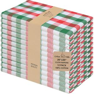 Urban Villa Cloth Napkins Set of 12 20x20 Inches 100% Cotton Napkins Cloth Washable Durable Reusable Absorbent Table Dinner Napkins Cloth for Christmas Hotel Lunch Restaurant Parties -X MAS Checks (Red/Green/White)