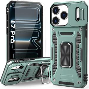 Case Compatible with iPhone17 Pro Phone Case with Stand & Camera Cover & HD Screen Protector, Dual-Layer Shockproof Military-Grade Drop Protection, for 17 Pro (Alpine Green)