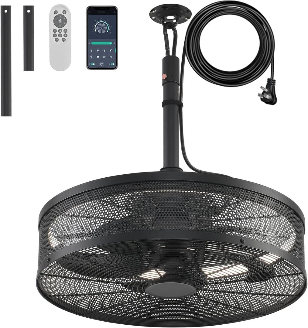 Garage Ceiling Fans with Lights and Remote,Gazebo Fans Outdoor Hanging with 6 Speeds and 3 Color Dimmable Light,Portable Plug in Ceiling Fan for Patios,Pergola(Black)