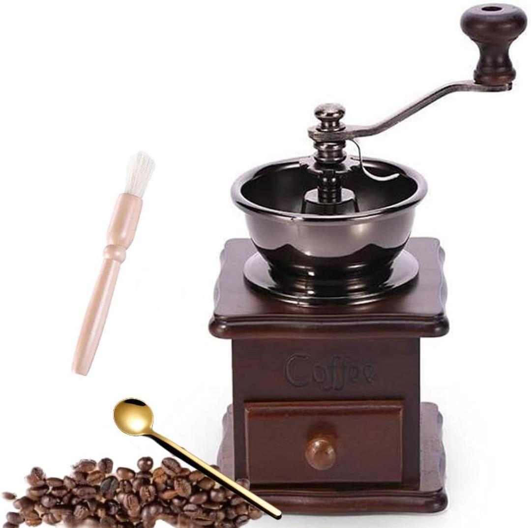 Eitonbu Wooden Manual Coffee Grinder Vintage Style Hand Coffee Mill Burr Coffee Grinder with Ceramic Hand Crank,Wooden Manual Coffee Grinder Cleaning Brush (Dark Brown Upgraded Version)