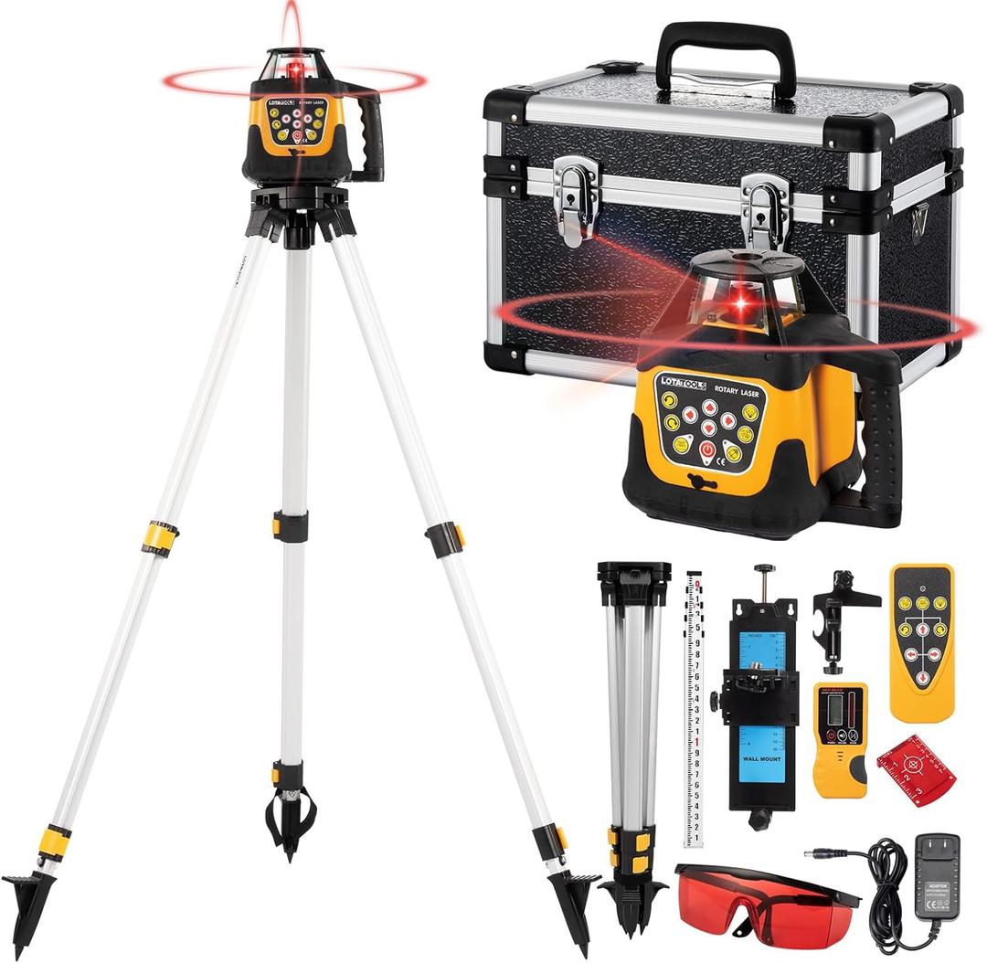 Self-Leveling 0.11"/100' Rotary Laser, 2000' Rotary Laser Level Kit, IP66 with Aluminum Tripod, Grade Rod for Grading