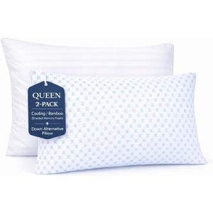 Nestl Cooling Memory Foam Pillow with Down Alternative Pillows Combo Set - Queen Size Set of 2, 1 Soft and 1 Firm, Adjustable for Side, Back, Stomach Sleepers, Breathable Washable Bed Cover, 20x30, Queen Duo