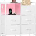Somdot White Nightstand with Charging Station and LED Light, Wide 5 Drawers Dresser for Bedroom with Fabric Bins and Open Shelf for Bedroom Kids Closet Dorm Guest Room, White Leather (11.4"D x 26.2"W x 27.8"H (5 Drawers)
