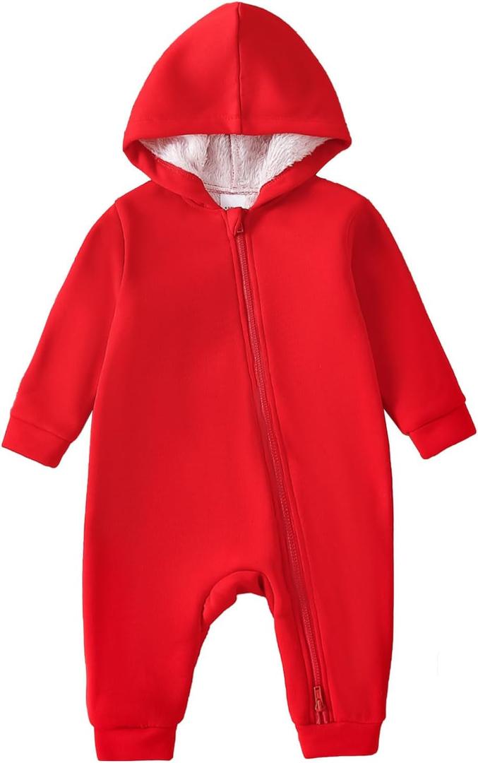 ROMPERINBOX Baby Boy Jumpsuit 2-Way Zipper Romper Hooded Fleece Lined Long Sleeve Footless Solid Outfits 0-24M (3-6 Months, Red)