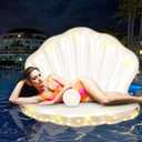 Light Up Inflatable Seashell Pool Float, 49.2" Giant Mermaid Float with Pearl Ball, Solar Powered Lighted Blow Up Clam Floating Raft Chair Shell Float for Girls Summer Beach Pool Party Decor