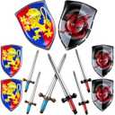 Poen 12 Pcs Inflatable Sword and Shield Knight Party Favors Set Blow up Medieval Sword Shield for Prince Party Favors Decorations Cosplay Accessories (Lion, Dragon)