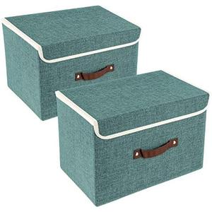 TYEERS Collapsible Storage Boxes, Washable Fabric Storage Bins with Lids, 14.9x9.8x9.8 inches, 2 Pack, Aqua Deep