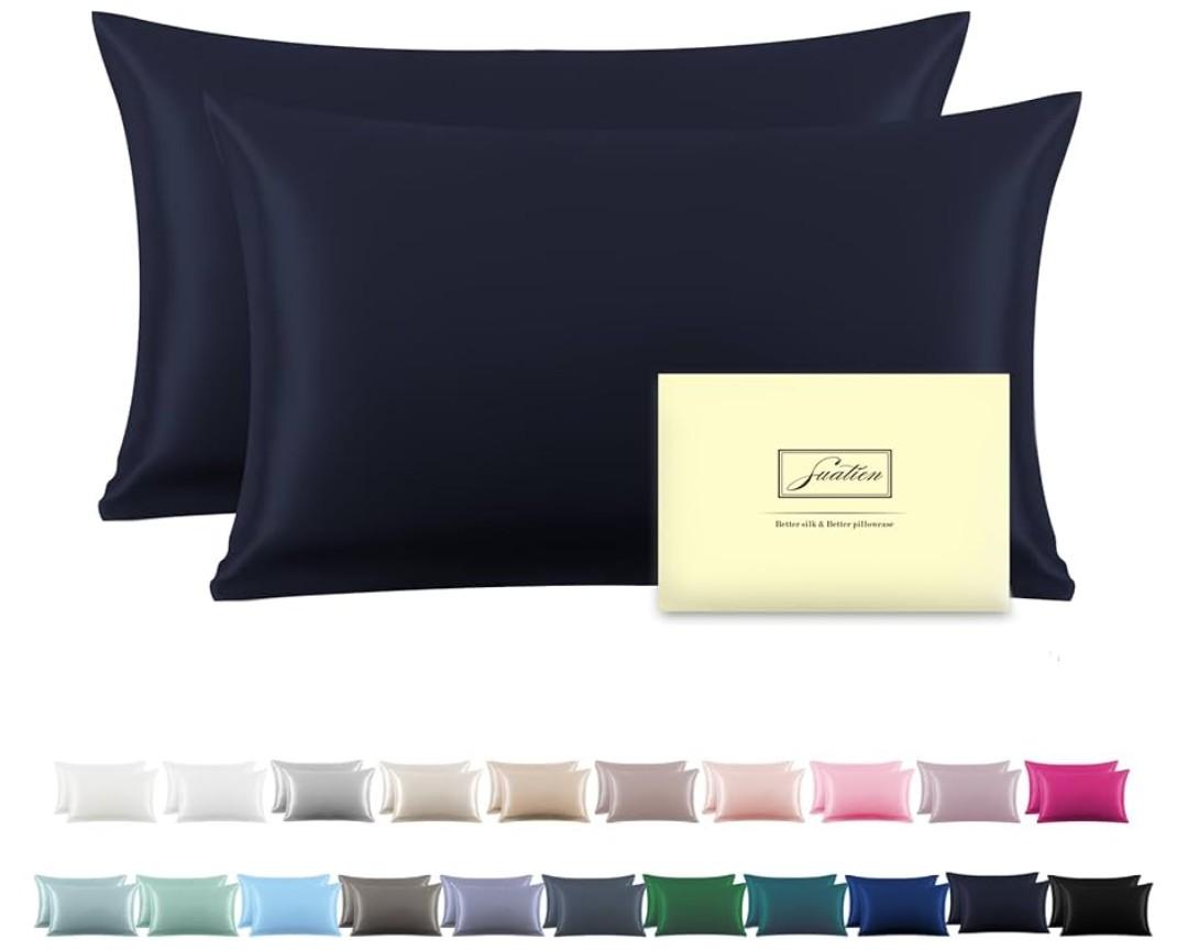 Silk Pillowcase for Hair and Skin,Soft,Breathable and Sliky 100% Silk Pillowcases King Set of 2,Both Sides Natural Mulberry Silk Pillow Cases with Hidden Zipper(King Size 20"X 36",2pcs) Navy Blue-2 Pack