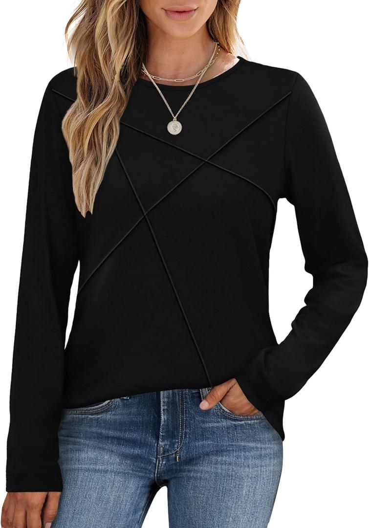 XIEERDUO Long Sleeve Shirts for Women Business Casual Tops Trendy Crewneck Fall T Shirts Pleated Loose Fit (Medium, Black)
