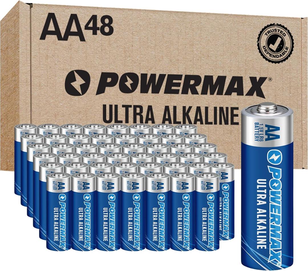 Powermax 48-Count Double AA Batteries, Ultra Long Lasting Alkaline Battery for Home and Office, 10-Year Shelf Life, Reclosable Packaging
