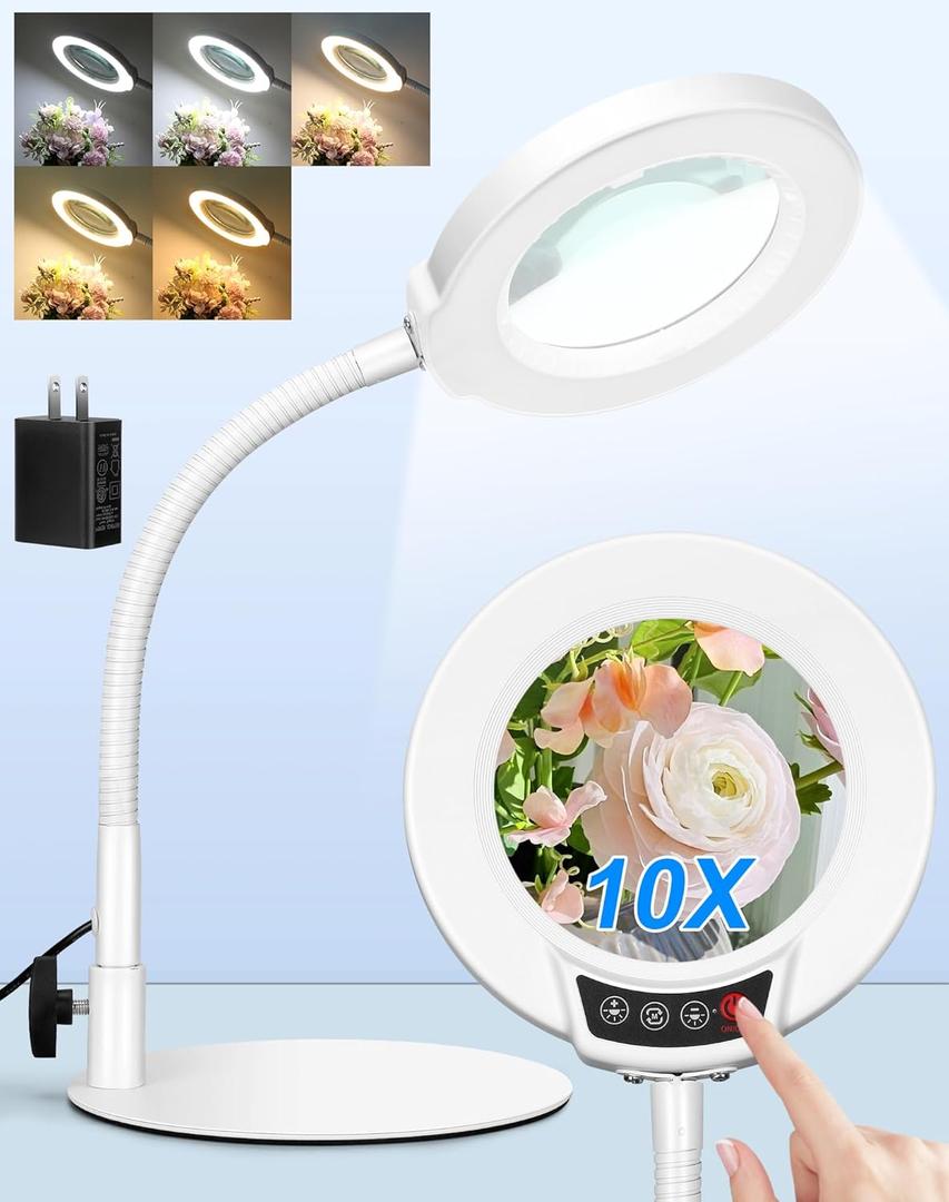 Magnifying Glass with Light and Stand, Hands Free Magnifying Lamp, 5 Color Modes 10 Dimmable Brightness, Metal Base Desk Magnifier Lamp for DIY Craft Reading Painting Sewing Hobby Detail Work White