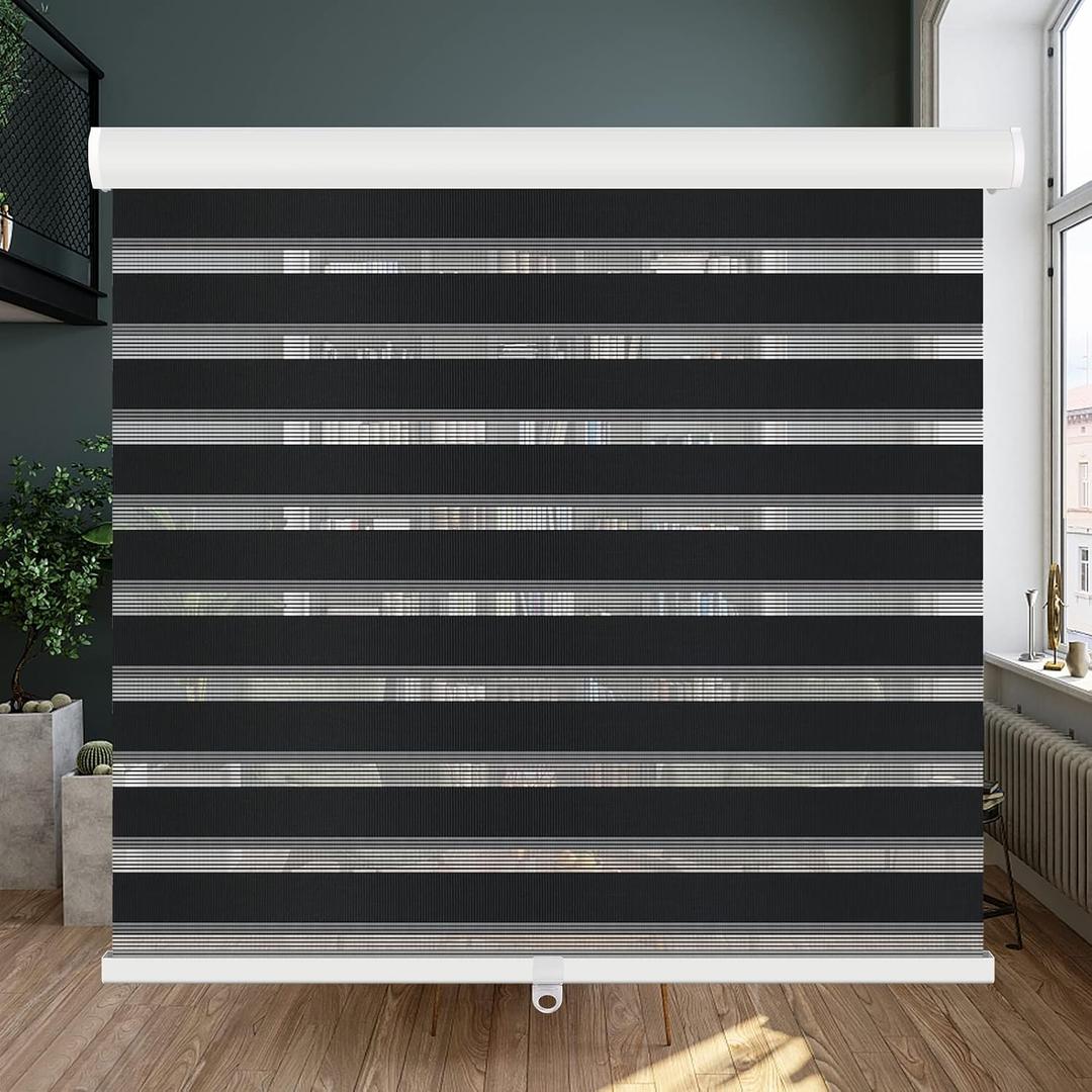 LUCKUP Cordless Zebra Blinds Roller Shades for Window-Dual Layer Sheer Blinds Light Control with Valance Day Night Privacy Light Filtering Fabric, 18" W x 72" H, Black